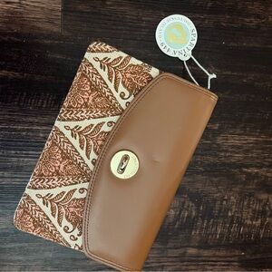 Spartina 449 Tan Leather & Cream-Brown Woven Clutch